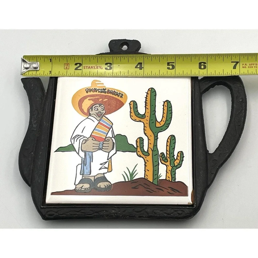Vintage 1970s Cast Iron Teapot Trivet Mexican Cactus Tile South‎ of the Border